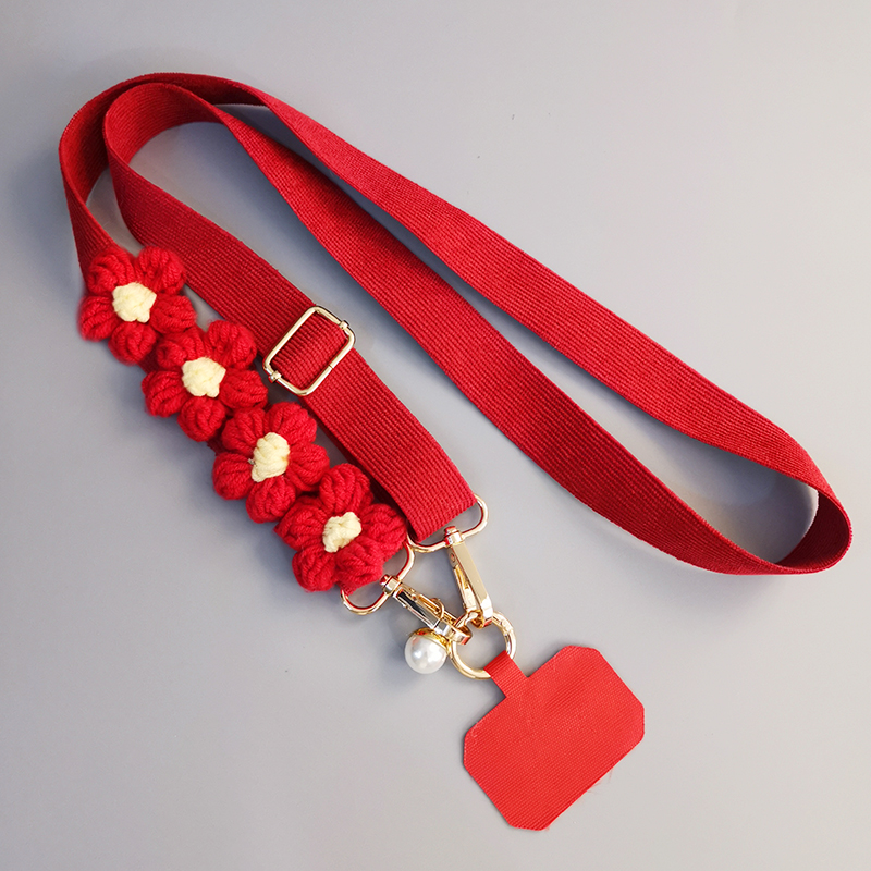 手机挂绳灯芯绒斜挎长款宽带子毛线花朵新年款红色可肩背挂脖条绒