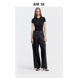 AIM 新品 T恤 修身 圆领夹标纯色logo短袖 女士