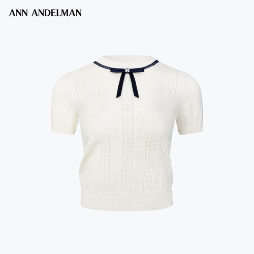 ANN ANDELMAN 圆领花边毛针织衫蝴蝶结套头白色镂空短袖