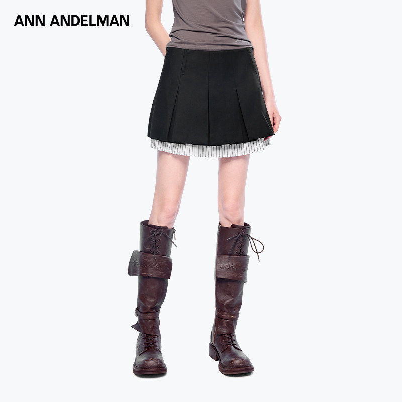 ANN ANDELMAN 黑色条纹设计感短款半身裙无腰头双层百褶裙,女装/女士精品,半身裙,淘宝优惠券,粉丝福利购,淘宝优惠卷