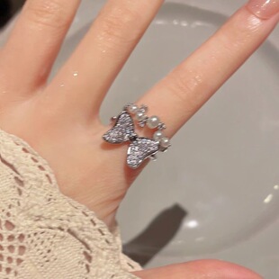 网红微镶超闪锆石珍珠蝴蝶结戒指甜美小众设计感开口可调节指环