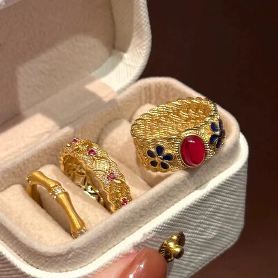 宫廷风复古金色珐琅竹节戒指女时尚高级感食指戒新中式秋冬款指环