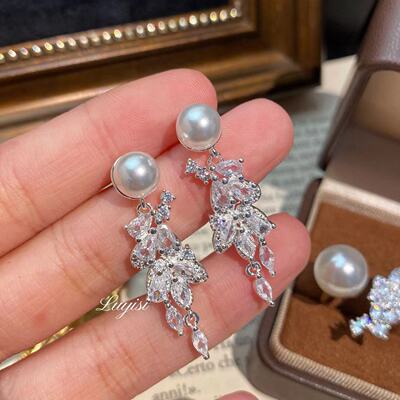 韩系小香风闪钻树叶珍珠耳夹女小众设计高级感水晶流苏麦穗耳环