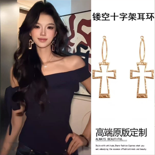 欧美复古镂空十字架耳环女金属长款个性耳钉夸张耳饰品
