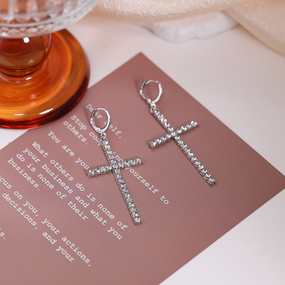 欧美风超闪水钻大十字架耳环百搭轻奢夸张高级感满钻y2k辣妹耳饰