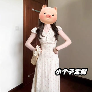 150矮小个子碎花V领连衣裙女2025夏季新款温柔气质收腰长裙XXS145
