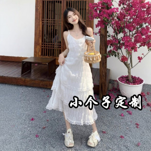 150小个子绝美白色吊带连衣裙女2025夏季 蕾丝拼接度假长裙145 新款