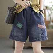 夏季 牛仔裤 新款 热裤 女 休闲高腰拼接贴布松紧腰女装 2023牛仔短裤