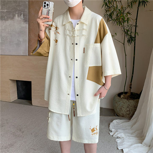 夏季新款港风青少年学生中国风短袖短裤两件套男大码半袖撞色上衣