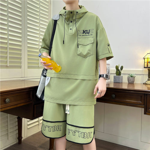 青少年学生夏季港风短袖短裤两件套男情侣大码半袖运动套装连帽衫