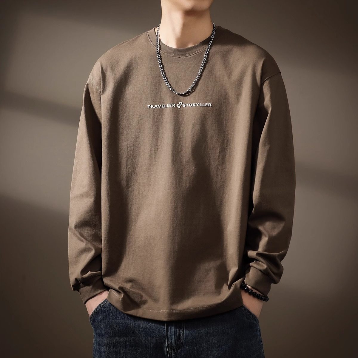 意大利潮牌重磅简约长袖T恤男纯棉2025春秋款宽松卫衣印花打底衫,男装,T恤,淘宝优惠券,粉丝福利购,淘宝优惠卷