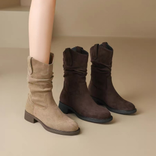 羊皮版~美拉德短靴女2025秋冬新款厚底马丁靴粗跟堆堆西部牛仔靴