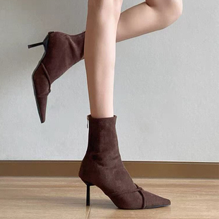 羊皮版~法式气质绒面短靴女尖头细跟弹力瘦瘦靴交叉带显瘦高跟靴