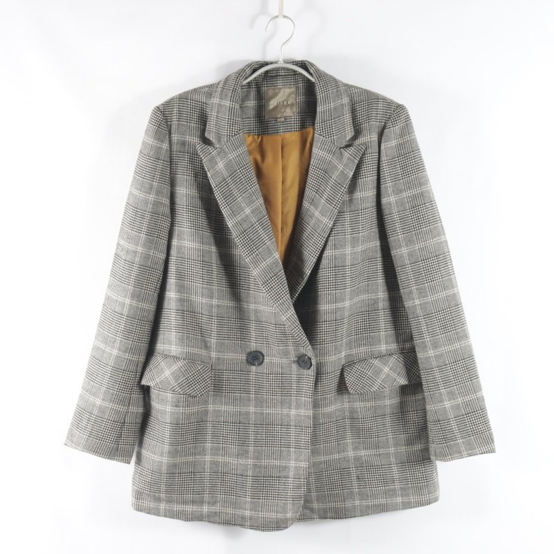 日单新款通勤百搭西装领双排扣直筒显瘦上衣女格子长袖西装外套,女装/女士精品,西装,淘宝优惠券,粉丝福利购,淘宝优惠卷