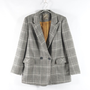 日单新款通勤百搭西装领双排扣直筒显瘦上衣女格子长袖西装外套