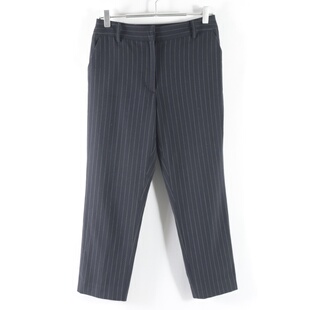 休闲裤 女条纹时尚 通勤百搭挂扣拉链中腰显瘦九分裤 日单新款