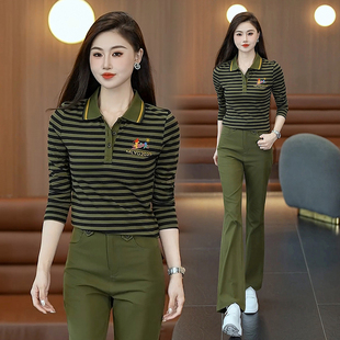 2026高级感翻领时尚t恤休闲运动套装女春秋长袖喇叭裤两件套套装