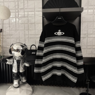 设计土星条纹套头毛衣CP606 秋冬潮牌女款 条纹土星