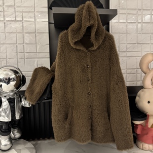 连帽单排扣皮毛一体秋冬大外套CP571 棕岛大衣