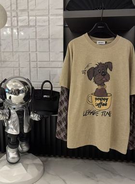 【咖啡小狗】秋季宽松大版型爆款假两件小狗印花长袖T恤CP561