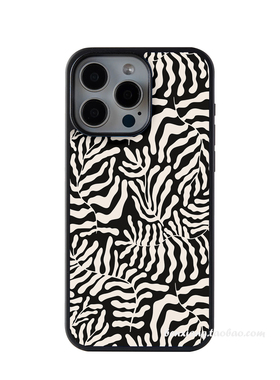 原创黑色复古叶子插画适用苹果16pro手机壳IPHONE15PLUS黑边磨砂磁吸14全包壳文艺小众日韩插画INS风防摔硅胶