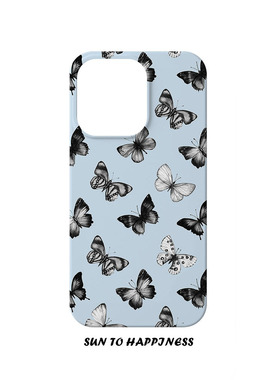 蓝色复古风蝴蝶文艺术插画适用苹果17PROMAX菲林手机壳菲林iphone16plus14pro15日韩个性精孔亮面磨砂全包硬