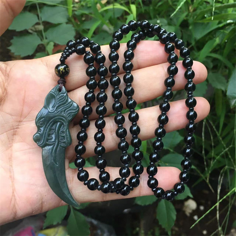 和田青玉狼牙吊坠潮男女玉坠个性酷帅霸气狼头玉石项链挂件带证书