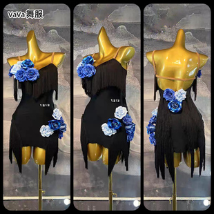 高档新款拉丁舞比赛服装桑巴女式流苏连衣裙专业艺考黑色花服