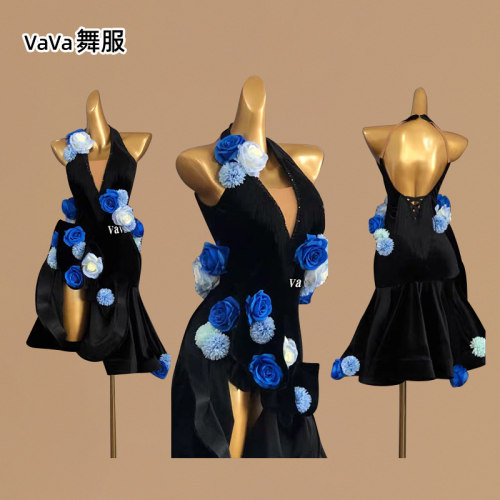 vava舞服克莱因蓝玫瑰花朵挂脖鱼尾裙摆拉丁舞服艺考服赛服花服