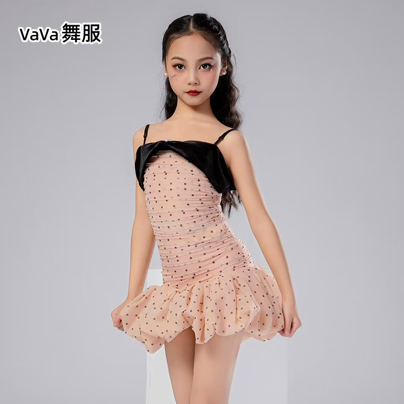 vava拉丁舞服女童2025新款夏季吊带分体套装波点高级感日常练功服