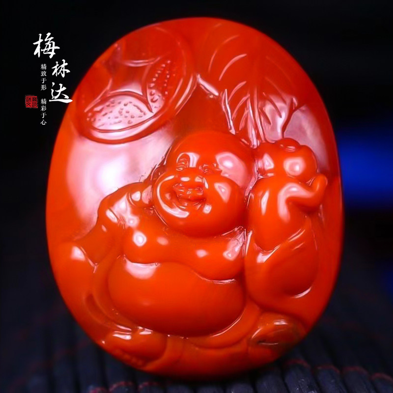 Melinda/梅林达【偌识】天然南红玛瑙吊坠苏工弥勒佛笑佛玉石挂件