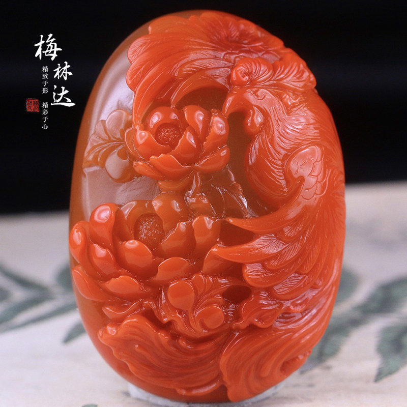 Melinda/梅林达【夏眸】天然南红玛瑙吊坠苏工精雕凤穿牡丹玉挂件