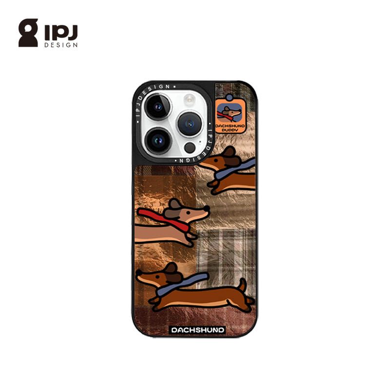 IPJ复古暖冬美拉德腊肠狗17适用iphone16Promax手机壳苹果15Promax西高地14Pro冰川纹13创意12个性镜面