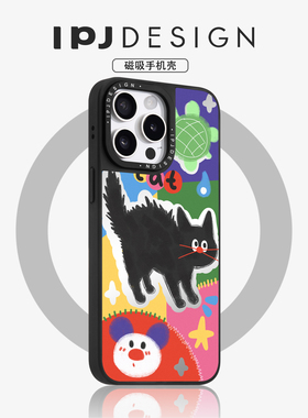 IPJ个性多巴胺黑色猫咪镜面磁吸壳17适用于iphone16promax苹果15PRO手机壳13可爱14套12卡通防摔