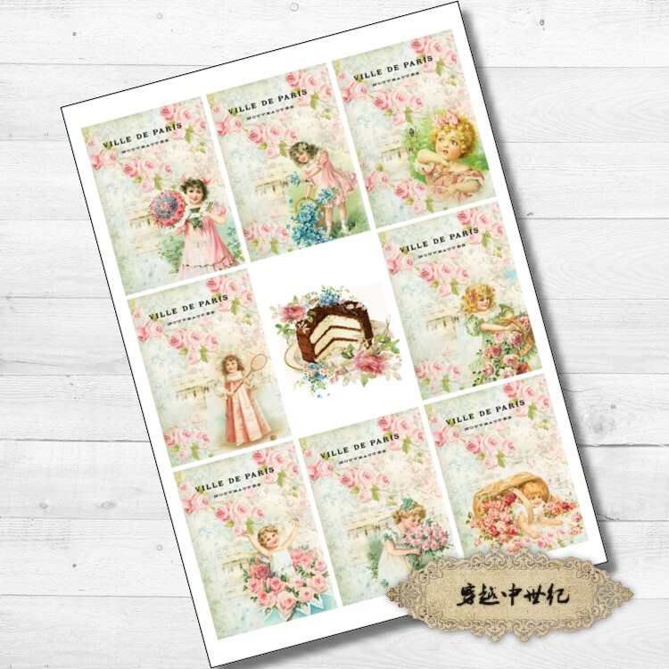 CA177 复古花朵女孩文艺书签明信片维多利亚手账纸贴Junk journal