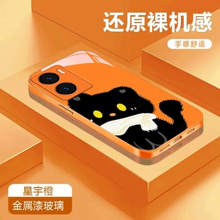 潮流全包防摔卡通保护套 手机壳Y35 黑猫适用于vivoY35 5G金属漆玻璃壳彩绘Y35m可爱Y35m