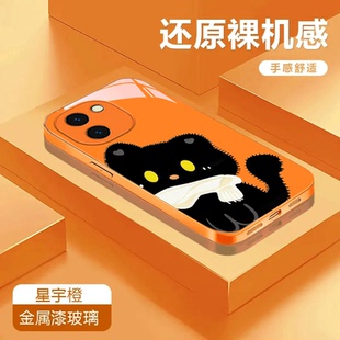 黑猫适用于vivoY200金属漆玻璃壳手机壳Y200i保护套Y200 全包Y200GT潮流Y200t防摔卡通可爱彩绘