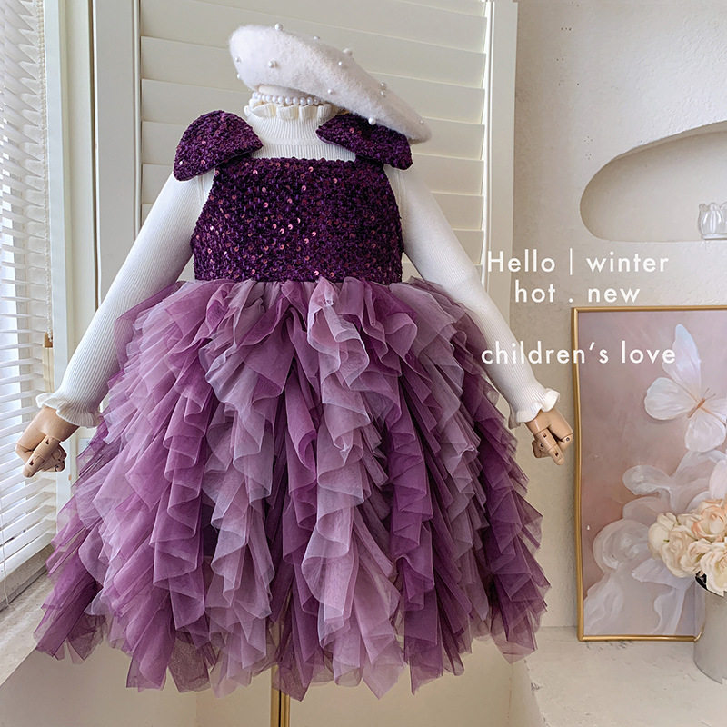 女童衣服秋冬新款洋气不加绒针织上衣吊带结亮片加绒连衣裙两件套