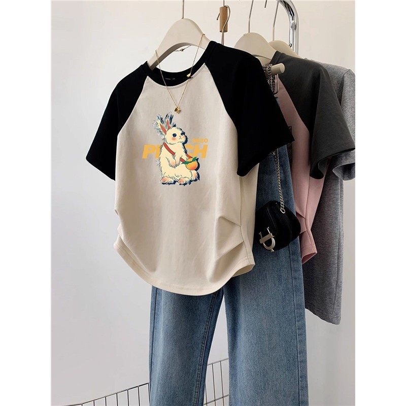 插肩袖小兔印花圆领短袖t恤女夏季2025新款褶皱收腰显瘦辣妹上衣