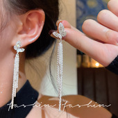 微镶满钻蝴蝶耳钉女超仙气高档流苏长款 耳环小众气质年会精美耳饰