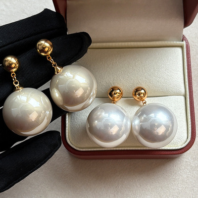 真金电镀超大珍珠耳环法式夸张轻奢小香风复古耳饰女s925银针耳钉