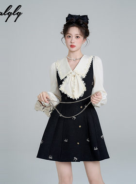 法式小香风黑色背心连衣裙女