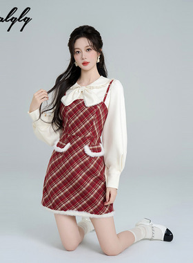Palglg圣诞穿搭红色格子吊带连衣裙女冬季毛边法式收腰a字打底裙