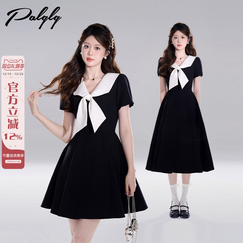 赫本风黑色收腰短袖连衣裙