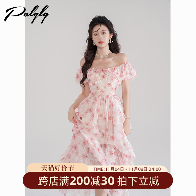 一字肩碎花连衣裙夏季新款海边度假风仙女裙子多巴胺甜美风长裙女