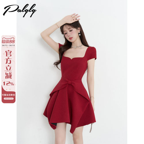 富家千金风红色连衣裙女夏季高级