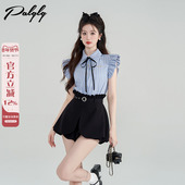 套装 夏季 高级感甜美小个子蓝色条纹衬衫 学院风休闲时尚 短裤 两件套