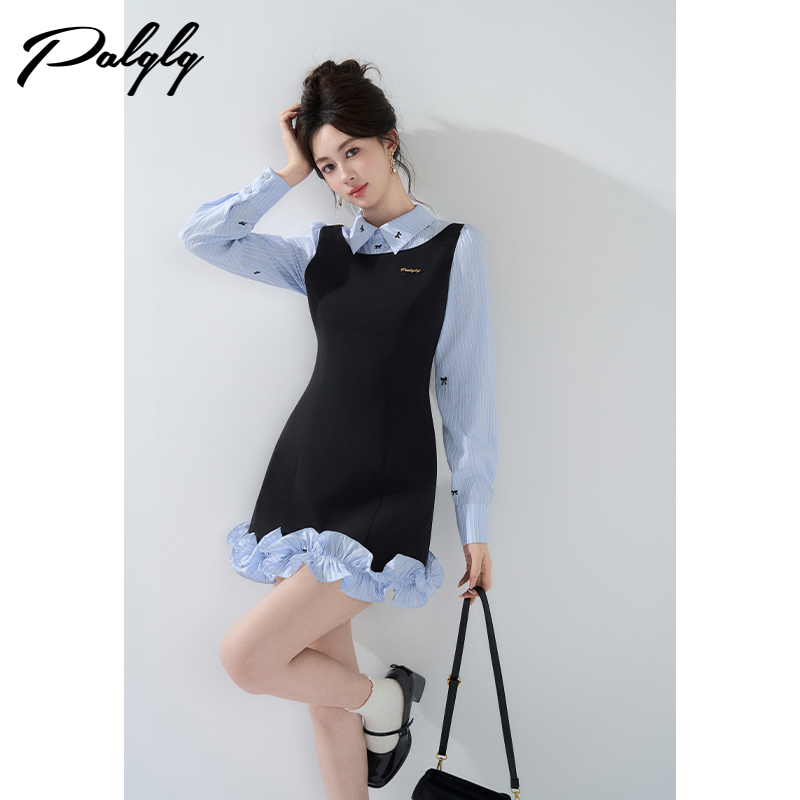 法式撞色假两件衬衫连衣裙女