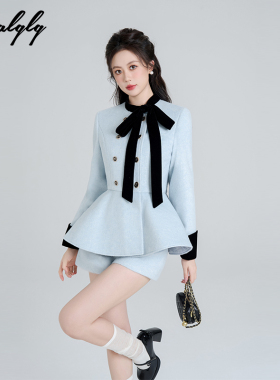 富家千金风蓝色短外套短裤两件套女秋冬季气质名媛小香风时尚套装