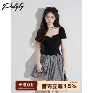 法式 高级感拼接格子赫本风花苞短裙子 假两件黑色方领连衣裙女夏季